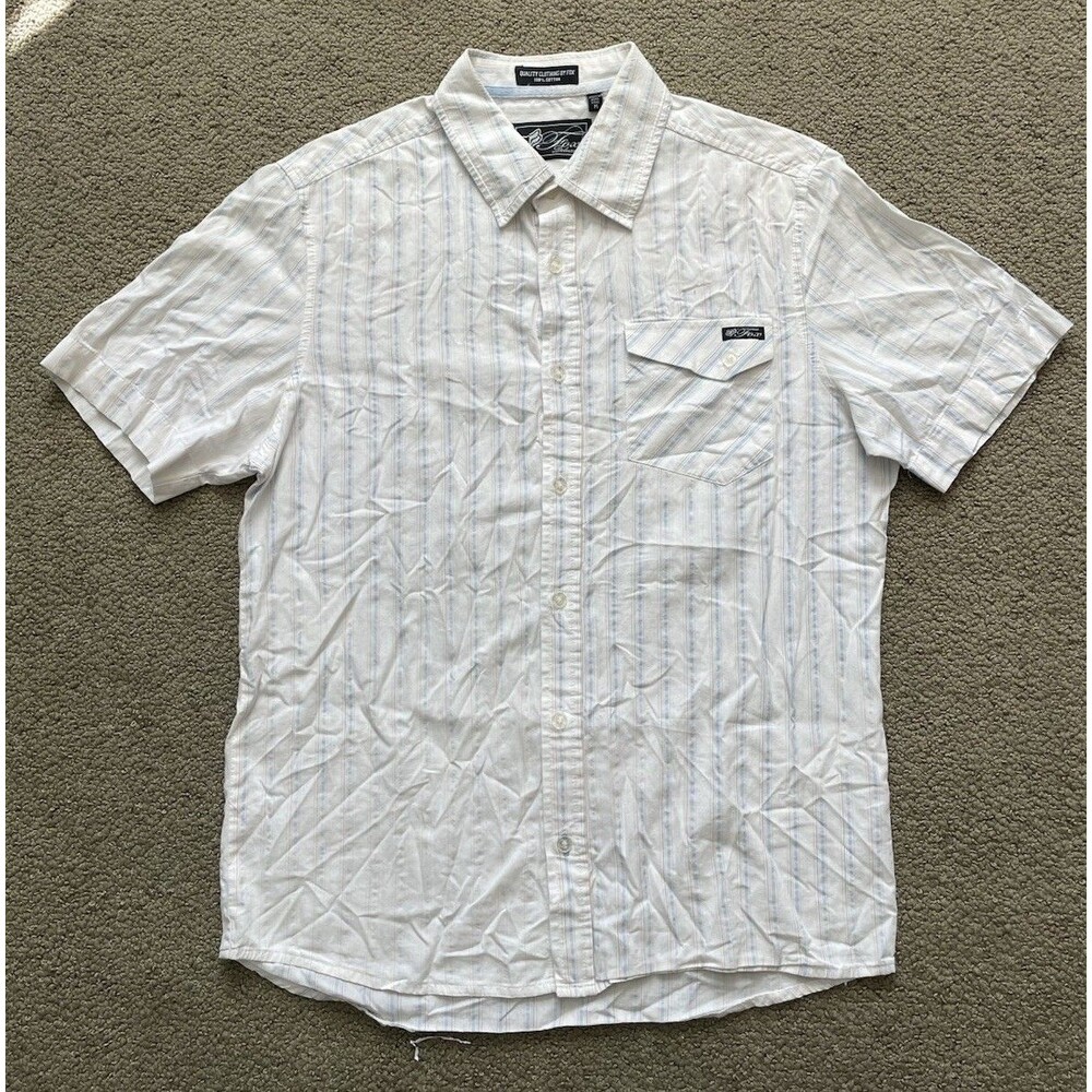 Fox Deluxe Stripe Button Up Shirt Mens M White Blue Short Sleeve Y2K